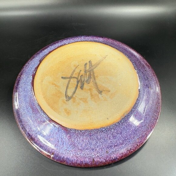 Hand Made Vintage Pottery Dish Tray With Handles Purple Drip Glaze Artist Signed - Picture 8 of 15